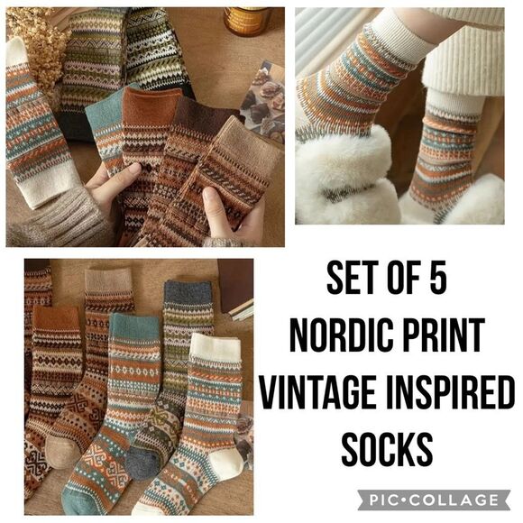 Vintage Inspired Nordic Pattern Women’s Crew Socks 5 Pair Set - Picture 1 of 7